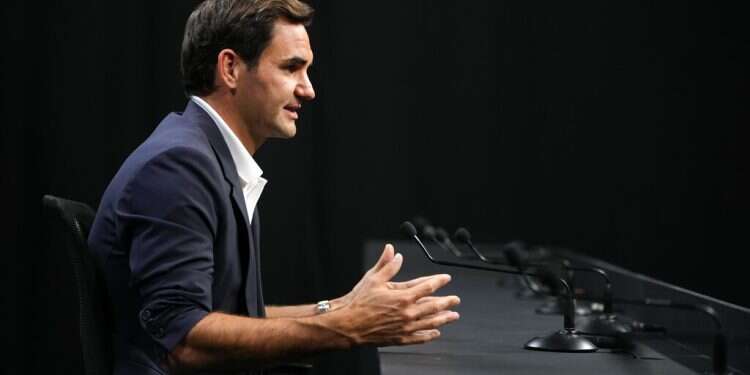 Switzerland's Roger Federer gestures during a media conference ahead of the Laver Cup tennis tournament at the O2 in London Federer's farewell to be in doubles; comeback? 'No, no, no'