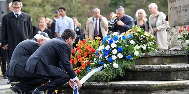 German President Frank-Walter Steinmeier and Israel's President Isaac Herzog lay wreaths at the memorial site of the former WWII concentration camp Bergen-Belsen in Lohheide, Germany 'Israel and Germany must act together to protect Jewish national home'