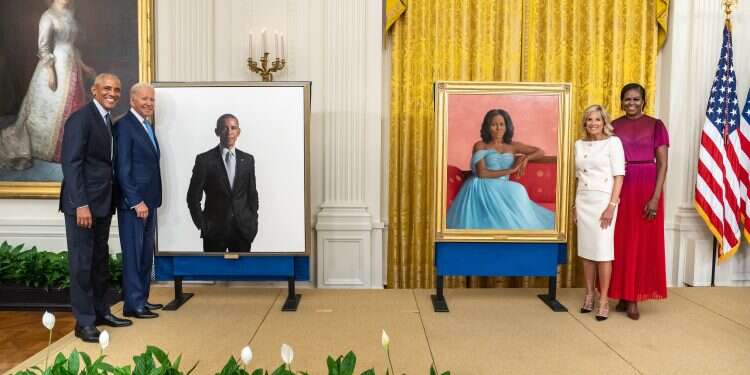 President Joe Biden, former President Barack Obama, First Lady Jill Biden and former First Lady Michelle Obama Obamas return to White House for portraits unveiling