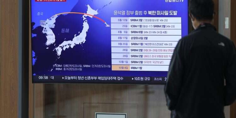A TV screen showing a news program reporting about North Korea's missile launch, is seen at the Seoul Railway Station in Seoul, South Korea, Oct. 4, 2022 North Korea sends missile soaring over Japan in escalation