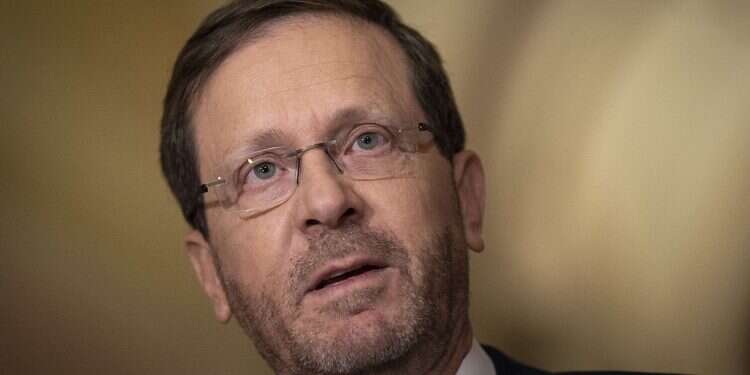 President Isaac Herzog delivers remarks to the press before his meeting with Speaker of the House Nancy Pelosi at the US Capitol, Octl. 25, 2022 in Washington, DC Herzog to present Biden with evidence of Russia's use of Iran-made drones