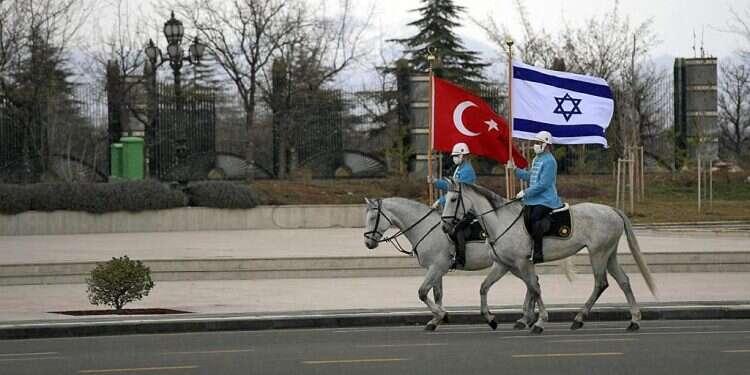 Turkish cavalry guards waving the Israeli and Turkish flags, to welcome the Israeli president in the capital Ankara, March 2022 Netanyahu speaks with Turkish president, announces 'new era in ties'