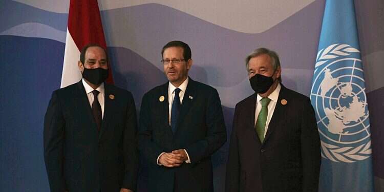 Egyptian President Abdel-Fattah el-Sissi, Israeli President Isaac Herzog, and United Nations Secretary-General Antonio Guterres Herzog arrives at COP27, vows to present vision of 'A Renewable Middle East'