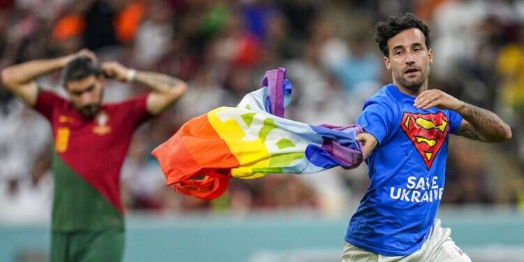 Protester with rainbow flag interrupts World Cup match