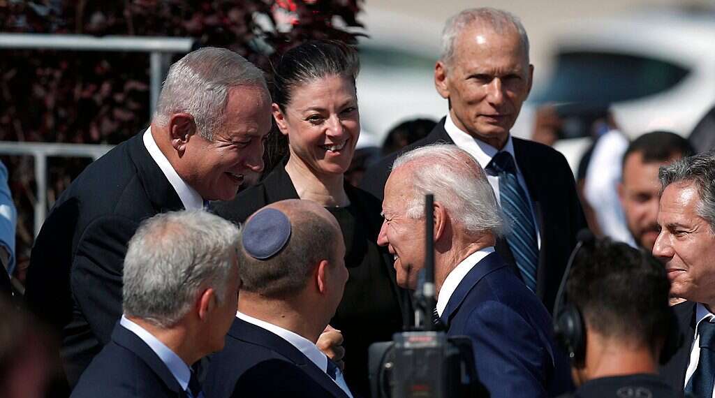 US President Joe Biden (R) is greeted by then-Leader of the Opposition Benjamin Netanyahu (R) upon his arrival at Ben Gurion Airport, in Lod, near Tel Aviv, Israel, 13 July 2022 Cabinet ministers face a new task: How to speak like Americans