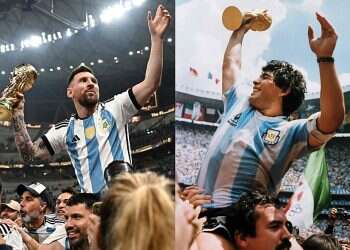 Argentina's forward Lionel Messi (L) in December 2022 and Diego Armando Maradona (R) holding the World Cup trophy won by his team after a 3-2 victory over West Germany on June 29, 1986 'We deserved to win': Argentina reborn after Messi breaks curse