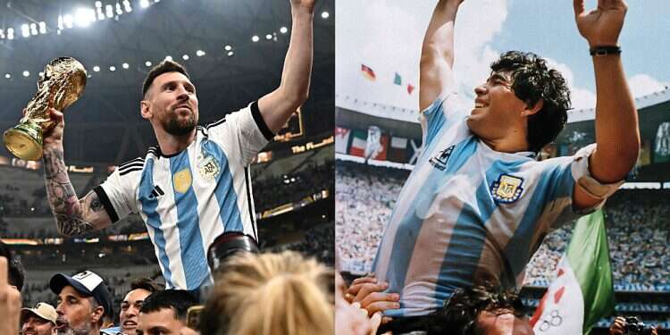 Argentina's forward Lionel Messi (L) in December 2022 and Diego Armando Maradona (R) holding the World Cup trophy won by his team after a 3-2 victory over West Germany on June 29, 1986 'We deserved to win': Argentina reborn after Messi breaks curse