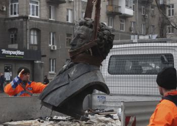 Municipal workers dismantle a monument of Russian writer Alexander Pushkin in the city centre of Dnipro, Ukraine, Dec. 16, 2022 Wartime Ukraine erasing signs of Russian past from public areas