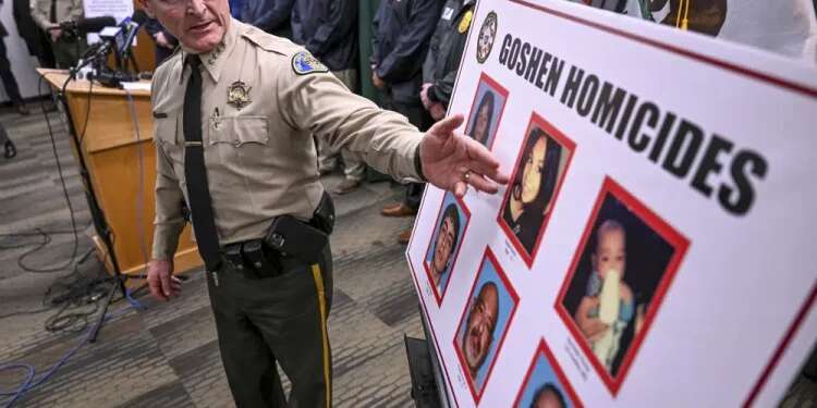 Tulare County Sheriff Mike Boudreaux speaks during a news conference Tuesday, Jan. 17, 2023, in Visalia, Calif., about the victims from a shooting that left six people dead in Goshen Police looking for shooter who killed teen mom, baby, 4 others in California
