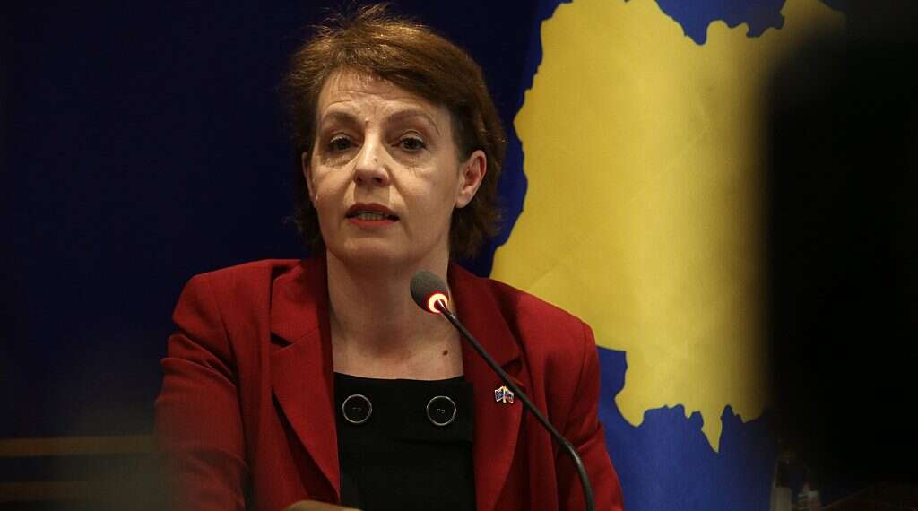 Kosovo's Foreign Minister Donika Gervalla-Schwarz speaks during a joint press conference in Pristina, Kosovo on January 16, 2023 'We are part of the West, while Serbia is a proxy of Putin'