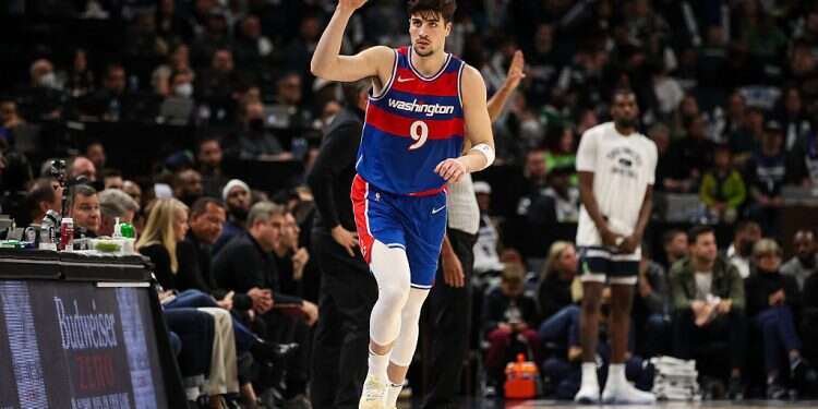 Washington Wizards forward Deni Avdija celebrates a three-point basket against the Minnesota Timberwolves in April 2022 'This has been my best season in the NBA; I have matured'