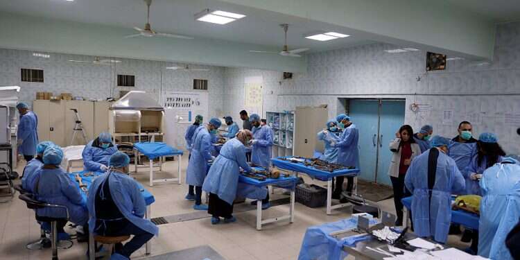 A team works to identify remains exhumed from a mass grave in the mass grave section of the medico-legal directorate of Iraq's ministry of health January 30, 2023. Reuters/Ahmed Saad Iraqis still haunted by disappearances 2 decades after Saddam