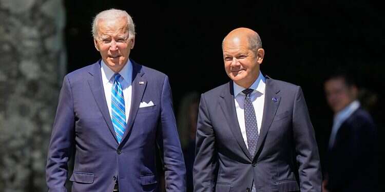 US President Joe Biden and German Chancellor Olaf Scholz arrive for the official G7 summit welcome ceremony at Castle Elmau in Kruen, Germany, June 26, 2022 'True working visit': Biden, Scholz to huddle on Ukraine war at White House