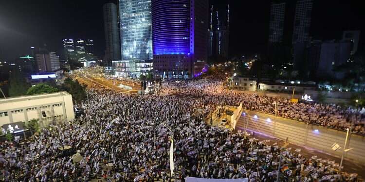 Mass protests continue across the country against the government justice system reform plan on April 22, 2023 Israelis protest legal changes before nation's 75th birthday