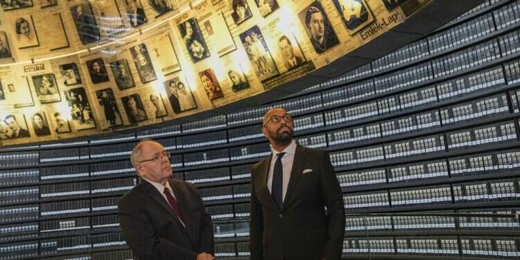 Britain's Secretary of State for Foreign, Commonwealth and Development Affairs, James Cleverly, right, and Dani Dayan, Chairman of Yad Vashem visit the Yad Vashem World Holocaust Remembrance Center in Jerusalem, Monday, Sept. 11, 2023 UK foreign secretary visits Israel to highlight close ties at precarious time