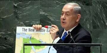 Israel's Prime Minister Benjamin Netanyahu holds his map of 'The New Middle East' and a red marker pen as he addresses the 78th session of the United Nations General Assembly, Friday, Sept. 22, 2023 PM tells UN Israel 'at the cusp' of historic agreement with Saudi Arabia