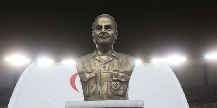 A bust of slain Revolutionary Guards commander Qasem Soleimani on the pitch at the Naghsh-e-Jahan Stadium in Isfahan during the AFC Champions League Group C match Saudi soccer team refuses to play in Iran over busts of Soleimani