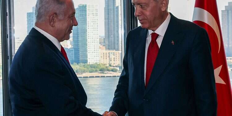 Turkey's President Recep Tayyip Erdogan (R) meeting with Israel's Prime Minister Benjamin Netanyahu (L) during the 78th United Nations General Assembly at UN headquarters in New York City PM hits back at Erdogan's Hitler comments, calls him 'last one to preach'