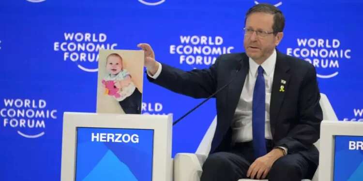 A hostage for a third of his life: Herzog displays Bibas' photo at World Economic Forum to mark sad birthday