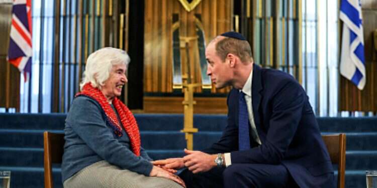 Britain's Prince William, the Prince of Wales, right, speaks with Renee Salt, 94, a Holocaust survivor, during a visit to the Western Marble Arch Synagogue in London, Thursday, Feb. 29, 2024 'Antisemitism has no place in society,' Prince William says