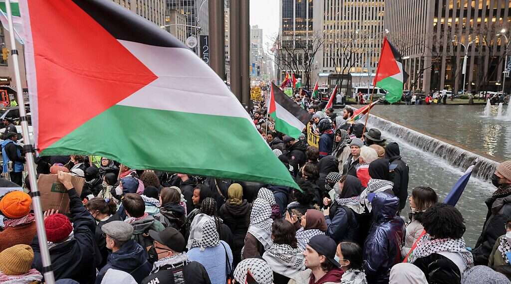 Protestors, calling for ceasefire in Gaza, attend a demonstration near Radio City Music Hall in Manhattan, on the day of a fundraising event for US President Joe Biden, March 28, 2024 'My fear is that innocent Jews will be killed across America'