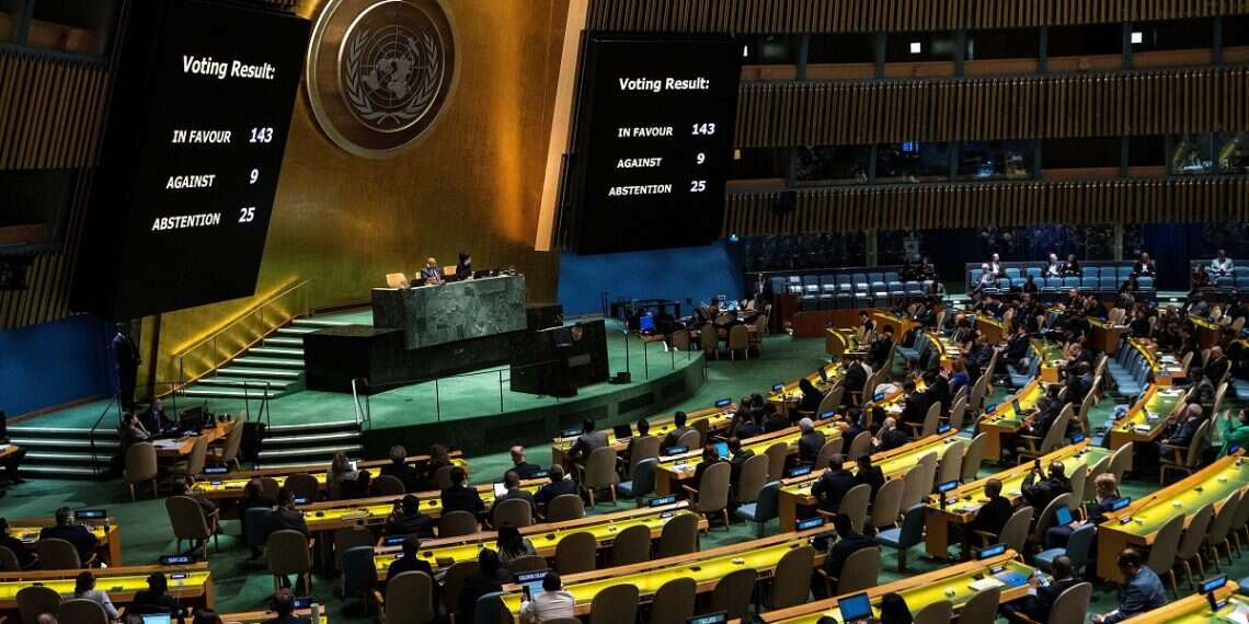 Screens show the voting result during the United Nations General Assembly vote on a draft resolution that would recognize the Palestinians as qualified to become a full UN. member, in New York City, US May 10, 2024 Report: UN meetings cut short because air-conditioning too expensive