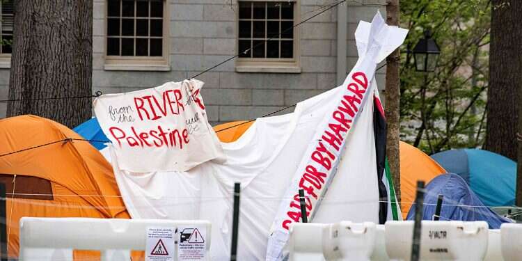 Tents and signs fill Harvard Yard by the John Harvard statue in the Pro-Palestinian encampment at Harvard University in Cambridge, Massachusetts, on May 5, 2024 Harvard President threatens to expel student protesters from campus