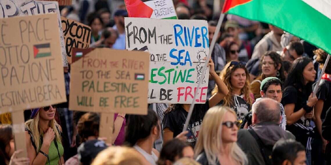 Protesters gather for a pro-Palestinian demonstration in Rome on October 28, 2023 The complex meaning behind 'From the River to the Sea'