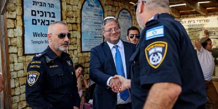 Israel's National Security Minister Itamar Ben Gvir at the entrance to the Temple Mount compound, April 25 2024
On Temple Mount, far-right minister tells Europe it is 'rewarding Hamas murderers'