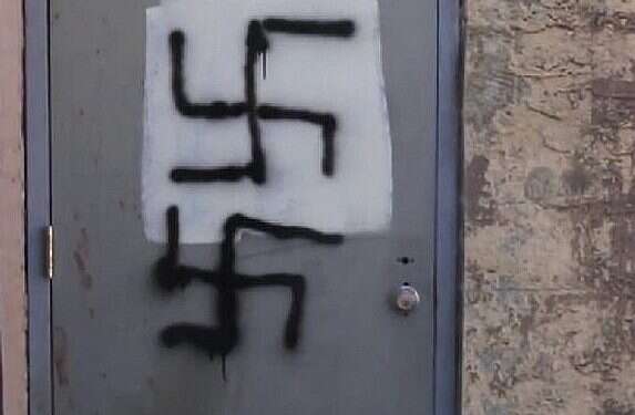 Graffitied swastika seen in Lakewood, New Jersey in 2018 3 NYC synagogues evacuate due to bomb threats; Chelsea kosher restaurant defaced with swastikas