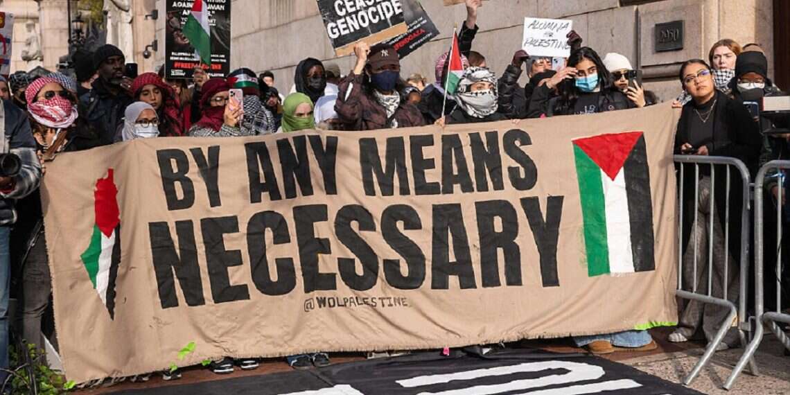 Students participate in an anti-Israel protest, Columbia University campus on Nov. 15, 2023 in New York City. When a journalist is mobbed by pro-Palestinian protesters