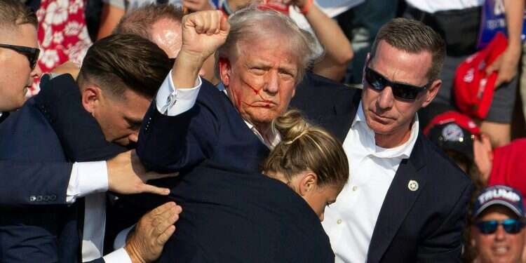 Republican candidate Donald Trump is seen with blood on his face surrounded by secret service agents as he is taken off the stage at a campaign event at Butler Farm Show Inc. in Butler, Pennsylvania, July 13, 2024 'I will never surrender!' Trump says after assassination attempt