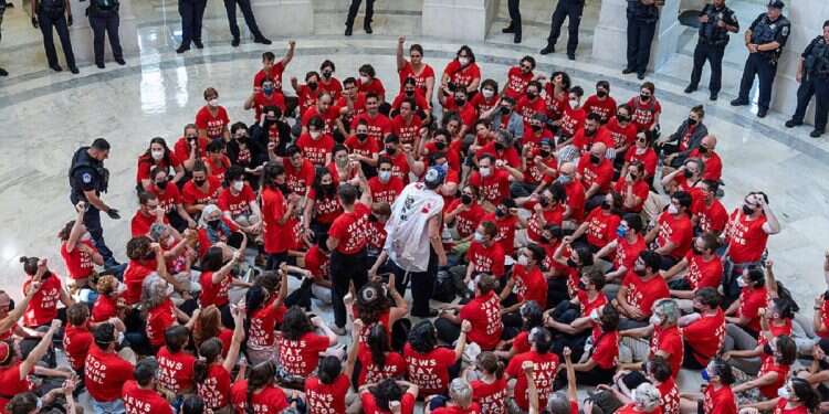 Demonstrators protest against the military policies of Israel a day before a visit by Israeli Prime Minister Netanyahu who will address a joint meeting of Congress on Wednesday, in the Cannon House Office Building at the Capitol in Washington, on July 23, 2024 Protestors arrested after targeting Netanyahu's hotel, capitol building