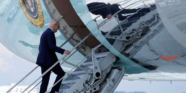 President Joe Biden walks up the steps of Air Force One at Harry Reid International Airport in Las Vegas, on July 17, 2024 Online speculation: Is Biden in hospice care?