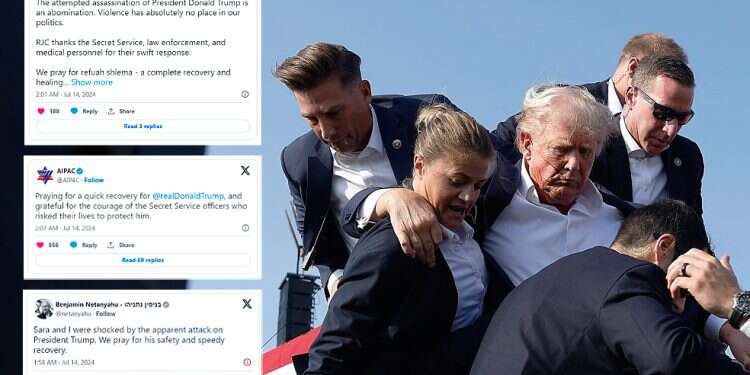 Former US President Donald Trump whisked away from the scene of an attempted assassination, July 13, 2024, Butler, Pennsylvania (Inset: tweets by PM Netanyahu and Jewish groups) Netanyahu, Jewish world 'pray for Trump' in wake of shooting