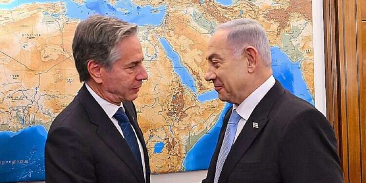 Prime Minister Benjamin Netanyahu (R) shaking hands with US Secretary of State Antony Blinken during a meeting in Jerusalem, Aug. 19, 2024 Netanyahu backs US hostage deal in 'positive' talks with Blinken