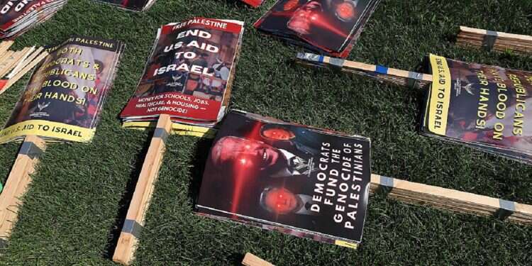 Demonstrators prepare signs ahead of the 'March on the DNC' during the first day of the Democratic National Convention August 19, 2024 in Chicago, Illinois Social media storm: Pro-Palestinian activists lose support among black Americans