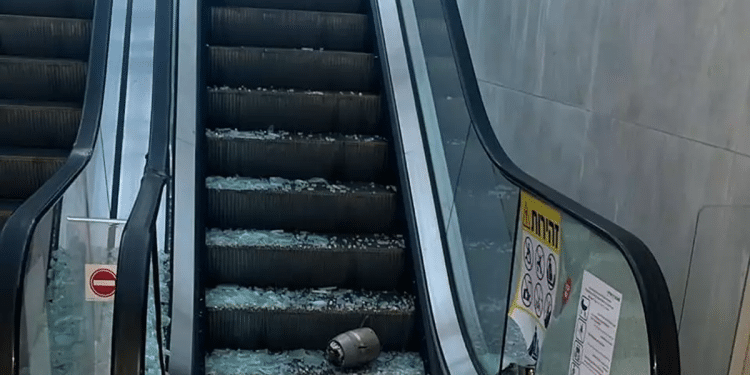 Projectile fragments and damage caused by the blast of the incoming missile on Sept. 15, 2024 in the Modi'in train station Missile from Yemen lands in central Israel after Houthi threats