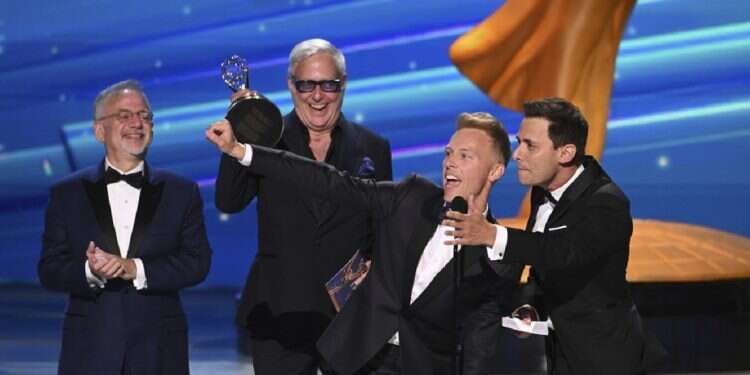 Benj Pasek, Justin Paul, Marc Shaiman, and Scott Wittman accept the Emmy for outstanding original music and lyrics for 'Only Murders in the Building' during night two of the Television Academy's 76th Creative Arts Emmy Awards at the Peacock Theater on Saturday, Sept. 8, 2024 in Los Angeles 'Only Murders in the Building': Songwriting duo achieves EGOT status