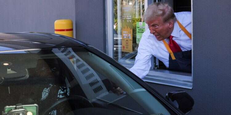 Republican presidential nominee and former US President Donald Trump serves food at a McDonalds restaurant in Feasterville-Trevose, Pennsylvania, US, Oct. 20, 2024 Trump serves fries at McDonald's in campaign stop
