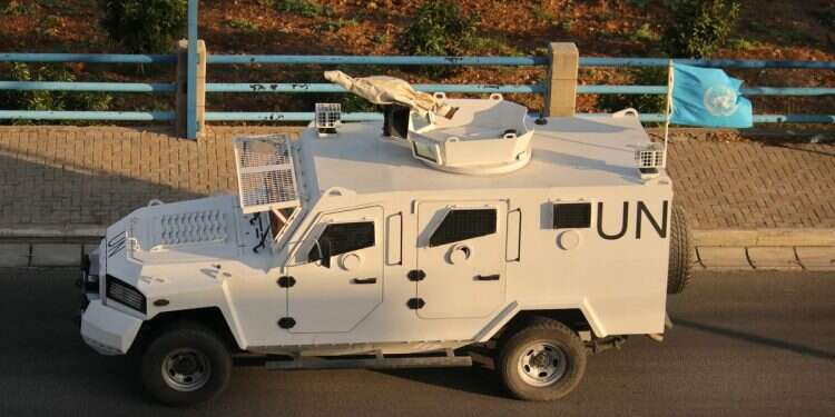 A United Nations Interim Force In Lebanon (UNIFIL) armored vehicle drives on a road in the southern Lebanese area of Marjeyoun on October 17, 2024 UNIFIL's fallen Sukkah
