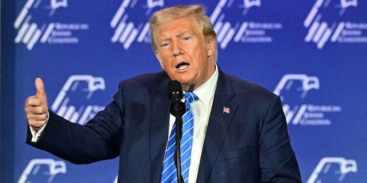 Former US president and Republican presidential candidate Donald Trump addresses the Republican Jewish Coalition (RJC) Annual Leadership Summmit on October 28, 2023 in Las Vegas, Nevada Jewish organizations congratulate Trump, call for action