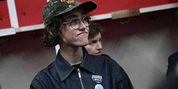 Ella Emhoff and US Vice President and Democratic presidential candidate Kamala Harris meet members of UW women's volleyball team at the Veterans Memorial Coliseum at Alliant Energy Center in Madison, Wisconsin on October 30, 2024 Harris' fashionista stepdaughter could influence Gen Z voters