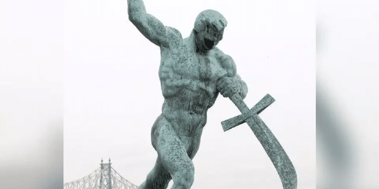 The statue by Soviet sculptor Yevgeny Vuchetich (1957) depicting a man turning a sword into a plowshare On treaties and delusions of peace