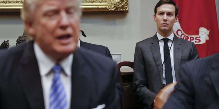 White House Senior Adviser Jared Kushner listens at right as President Donald Trump speaks during a breakfast with business leaders in the Roosevelt Room of the White House in Washington, Jan. 23, 2017 Exclusive: Kushner returns to advise Trump on administration