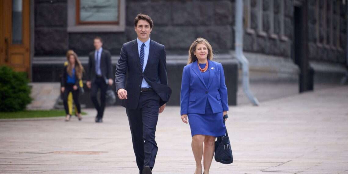 Canadian Prime Minister Justin Trudeau, accompanied by Canada's Minister of Finance Chrystia Freeland arrive for a meeting with Ukraine's President Volodymyr Zelenskyy, in Kyiv, Ukraine, June 10, 2023 Trudeau gov't in shambles after ally slams door