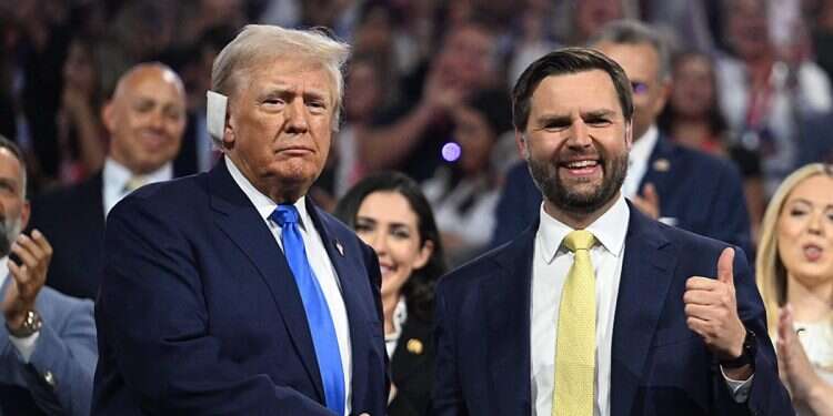 VP-elect J.D. Vance (R) gives a thumbs up as he shakes hands with President-elect Donald Trump during the 2024 Republican National Convention at the Fiserv Forum in Milwaukee, Wisconsin, July 16, 2024 JD Vance sparks controversy with Thanksgiving meme