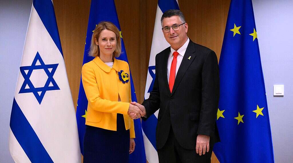 European Union High Representative for Foreign Affairs and Security Policy Kaja Kallas greets Israeli Foreign Minister Gideon Saar (R) on the sidelines of the EU's foreign affairs council at the EU headquarters in Brussels on February 24, 2025 FM Sa'ar: Israel's EU standing improving in our favor
