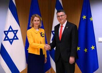 European Union High Representative for Foreign Affairs and Security Policy Kaja Kallas greets Israeli Foreign Minister Gideon Saar (R) on the sidelines of the EU's foreign affairs council at the EU headquarters in Brussels on February 24, 2025 FM Sa'ar: Israel's EU standing improving in our favor