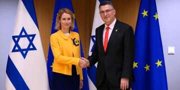 European Union High Representative for Foreign Affairs and Security Policy Kaja Kallas greets Israeli Foreign Minister Gideon Saar (R) on the sidelines of the EU's foreign affairs council at the EU headquarters in Brussels on February 24, 2025 FM Sa'ar: Israel's EU standing improving in our favor